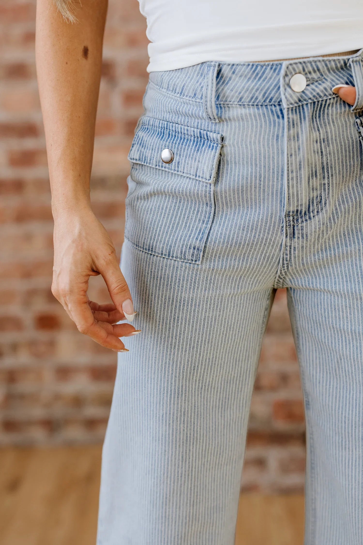 Betsie Sky Blue Stripe Button Flap Pocket Cuffed Hem Wide Leg Jeans