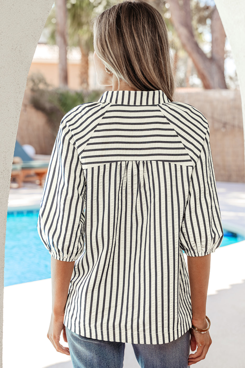 Stripe Floral  Detail V Neck Sleeve