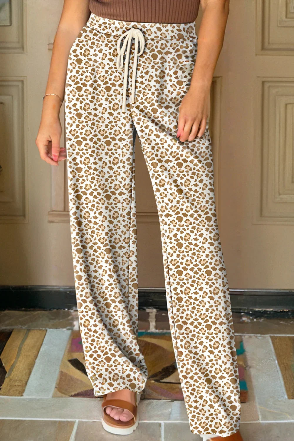 Leopard Drawstring Elastic Waist Straight Leg Pants