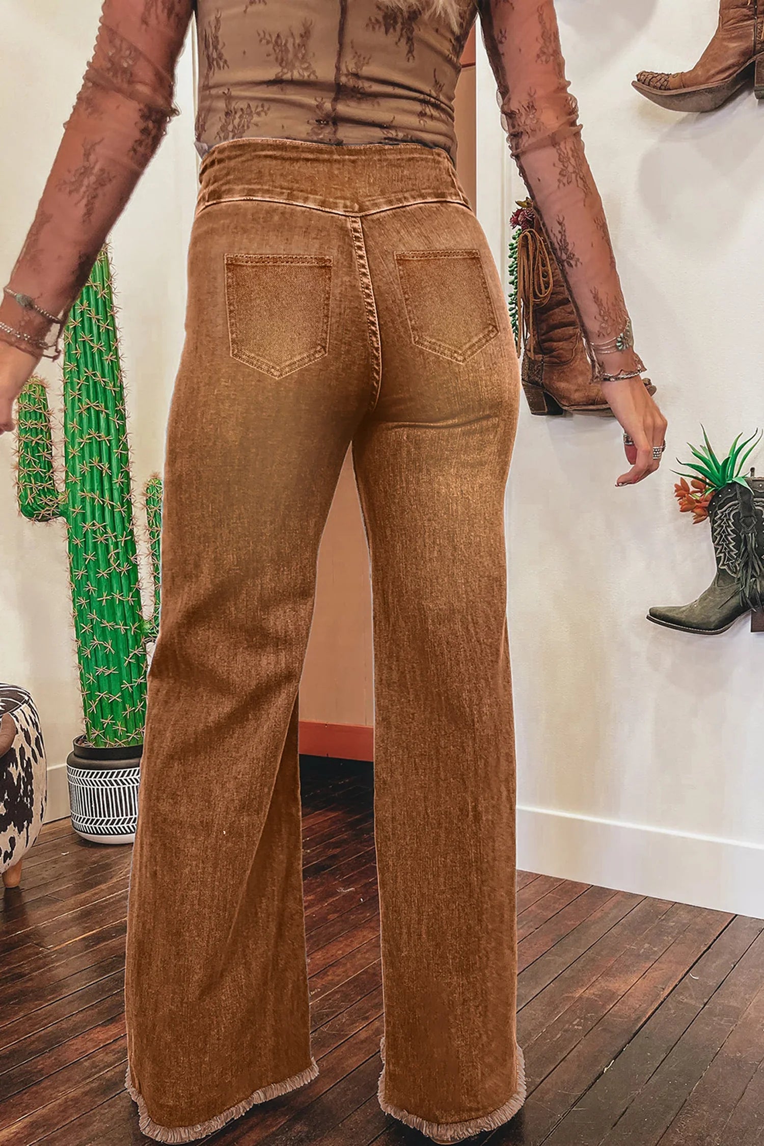 Chersey Coffee High Waist Button Fly Seamed Raw Hem Flare Jeans