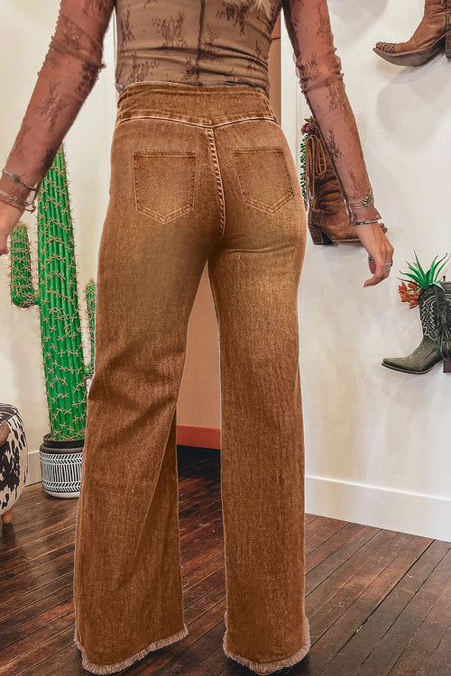 Chersey Coffee High Waist Button Fly Seamed Raw Hem Flare Jeans