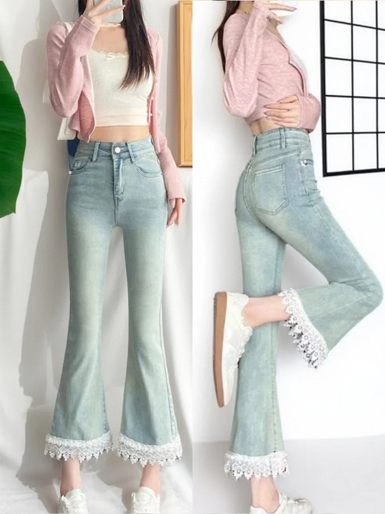 Light Blue Micro-Flare Lace Stretch Jeans for Women