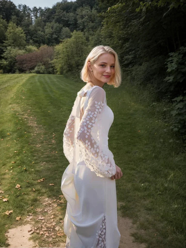 Minimalist Square Neck Wedding Dress with Sheer Embroidered Sleeves