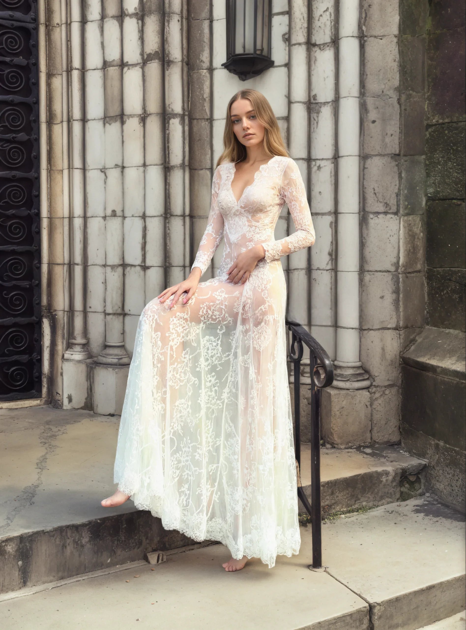 Luxury Long Sleeve Lace Sheer Robe | Bridal Getting Ready & Boudoir Gown