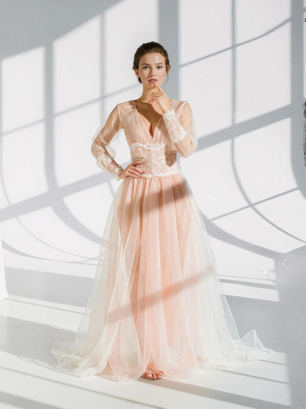 Luxury Peach Pink Sheer Lace Robe| Long Sleeve Bridal Boudoir Gown with Tulle