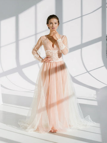 Luxury Peach Pink Sheer Lace Robe| Long Sleeve Bridal Boudoir Gown with Tulle