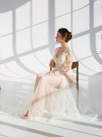 Luxury Peach Pink Sheer Lace Robe| Long Sleeve Bridal Boudoir Gown with Tulle