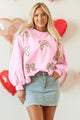 Lian Light Pink Embroidered Bow Lantern Sleeve Oversized Pullover Sweatshirt