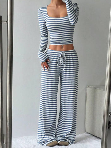 Laura Striped Long Sleeve Crop Two Piece Sets
