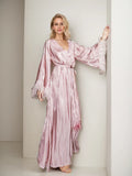 Luxury Feather-Trimmed Satin Robe - Elegant Full-Length Lounge & Bridal Wear