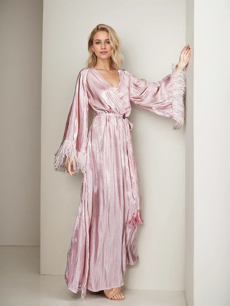 Luxury Feather-Trimmed Satin Robe – Full-Length Lounge & Bridal Wear