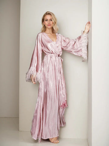 Luxury Feather-Trimmed Satin Robe – Full-Length Lounge & Bridal Wear