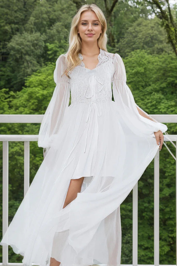 Boho Lace Embroidered Long Sheer Robe Set with Camisole
