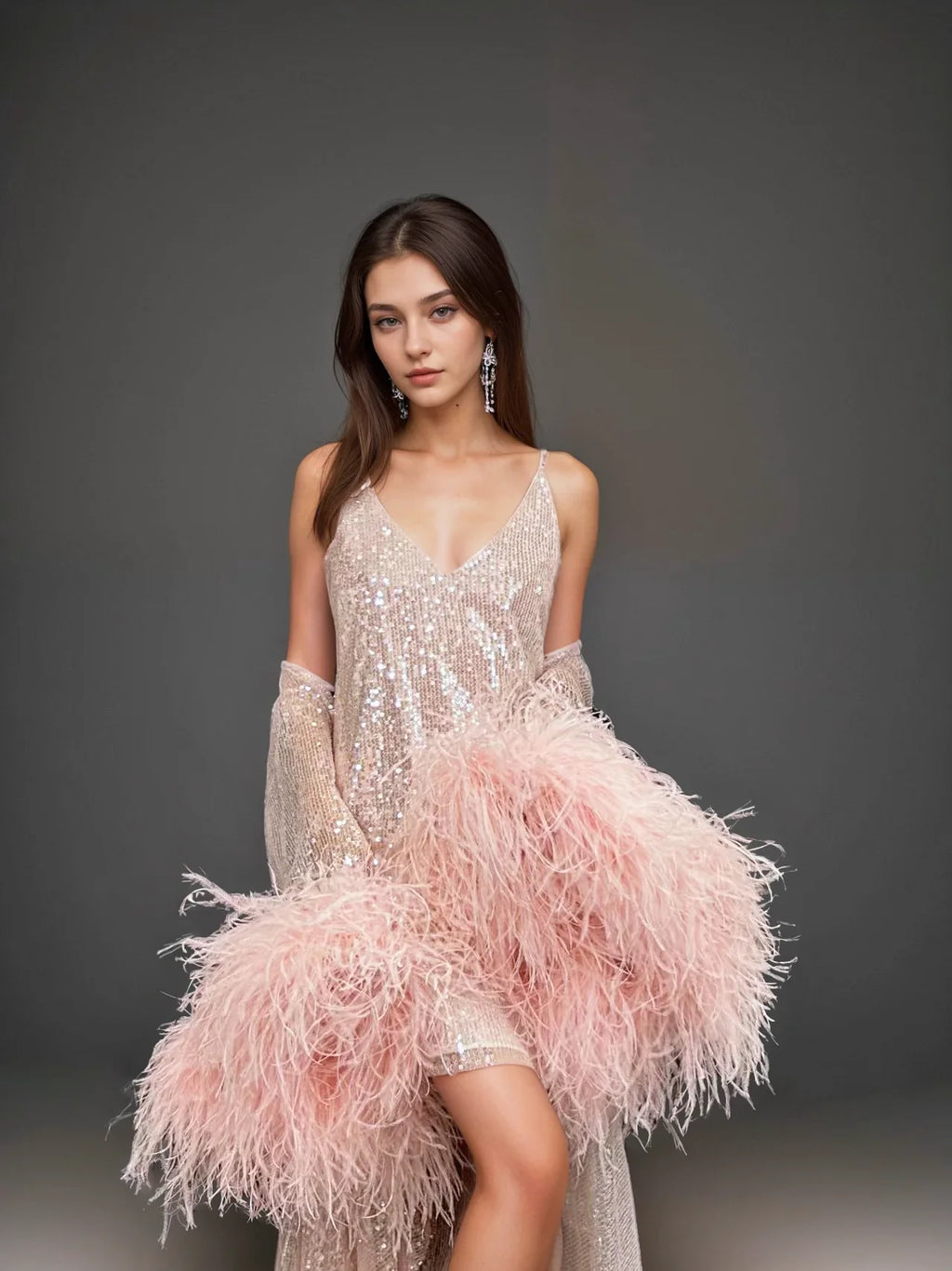 Ostrich Feather sequin mesh long robe with nightgown pink ivory