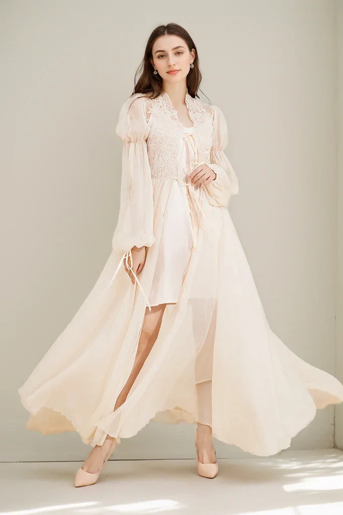Boho Lace Embroidered Long Sheer Robe Set with Camisole