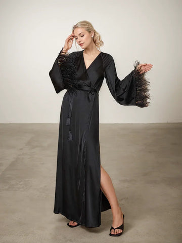 Luxury Feather-Trimmed Satin Robe – Full-Length Lounge & Bridal Wear