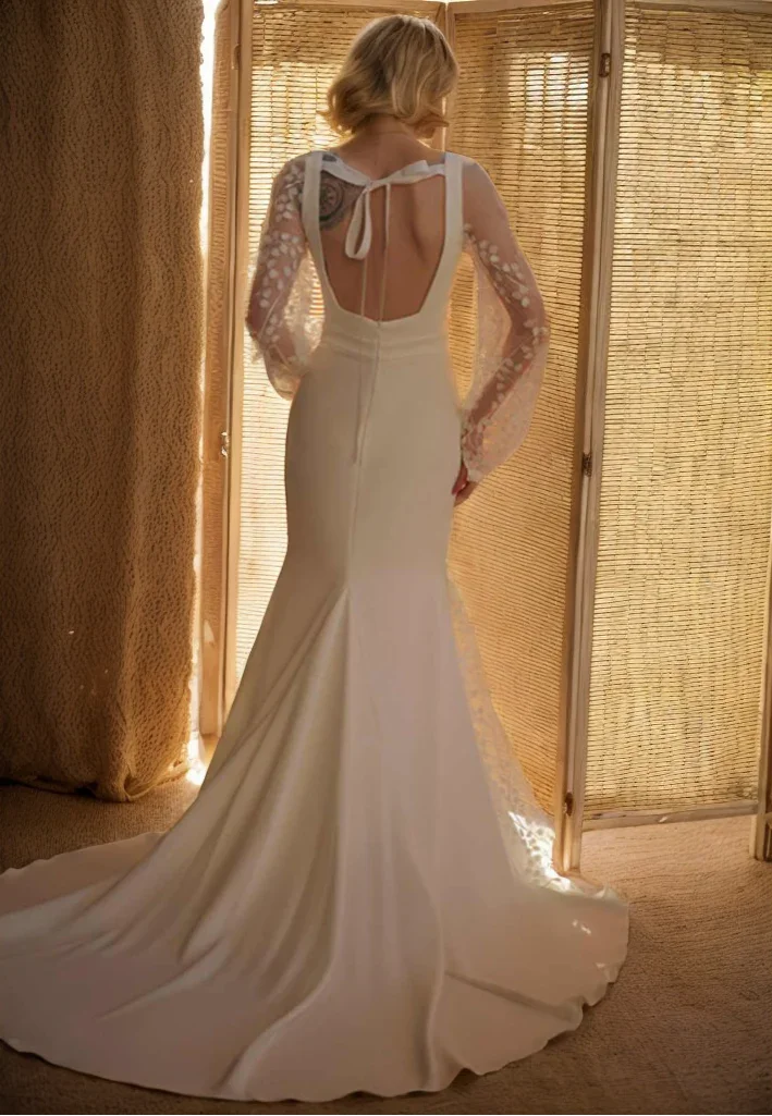Minimalist Square Neck Wedding Dress with Sheer Embroidered Sleeves