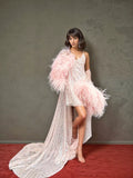 Ostrich Feather sequin mesh long robe with nightgown pink ivory
