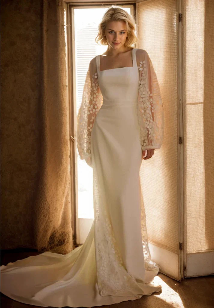 Minimalist Square Neck Wedding Dress with Sheer Embroidered Sleeves