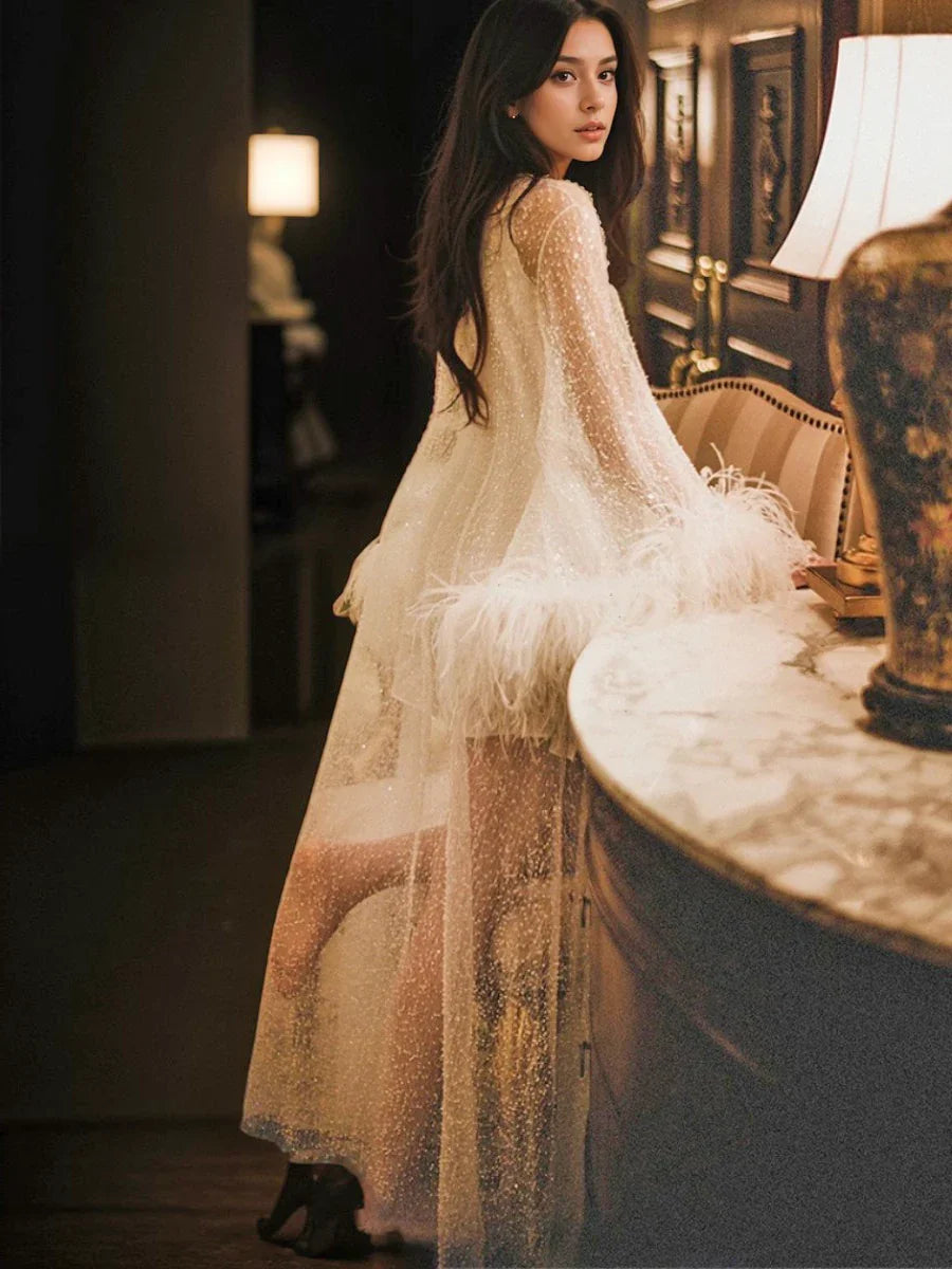Ostrich Feather sequin mesh long robe with nightgown pink ivory