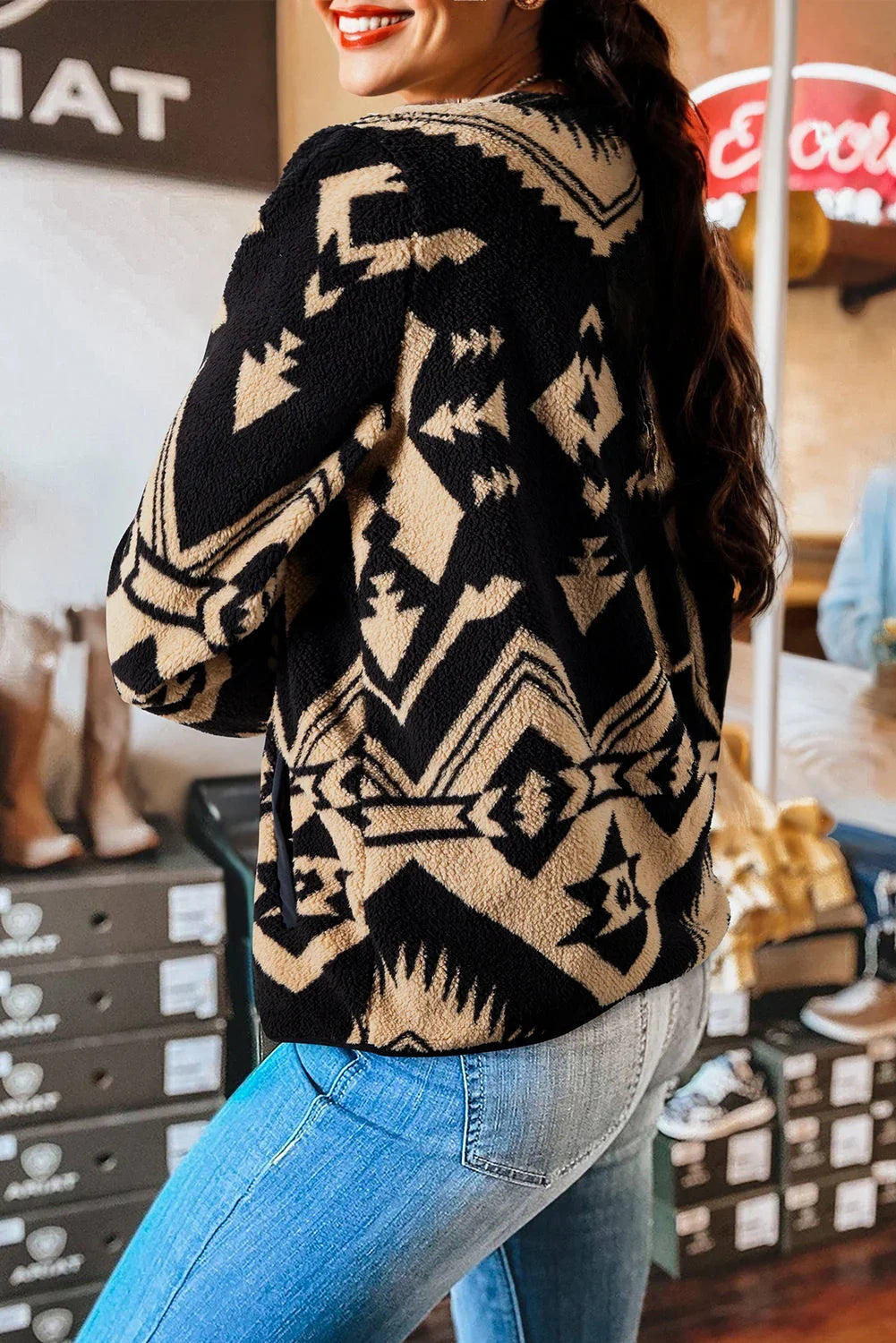 Beige Western Aztec Half Zip Plush Sweatshirt
