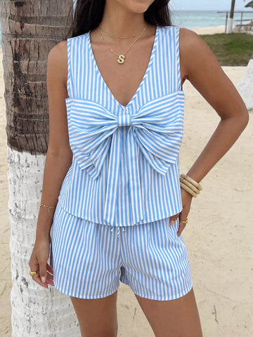 Pamela Striped Bowknot Sleeveless Two Piece Sets