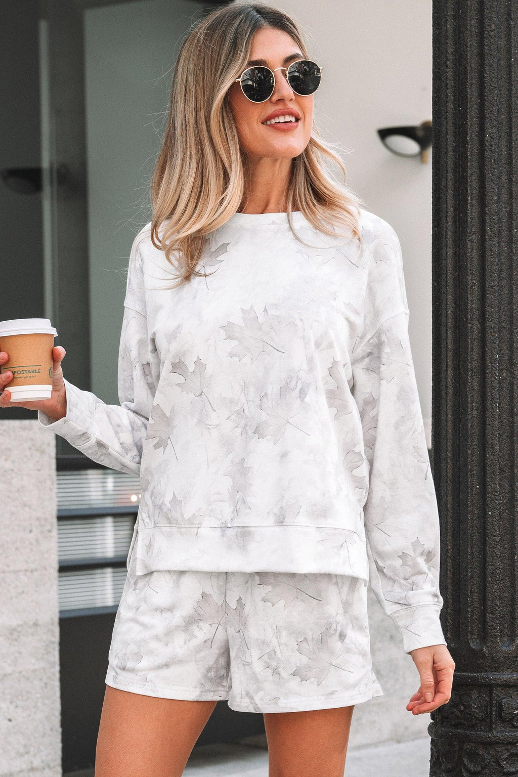 Justine Beige Maple Camo Print Pullover Top and Elastic Waist Casual Short Set