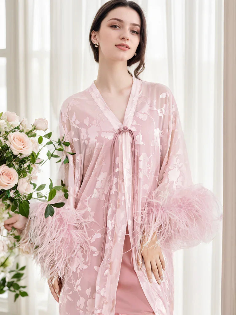 Luxurious Sequin Embroidered Lace Ostrich Feather Robe – Blush Pink Elegance