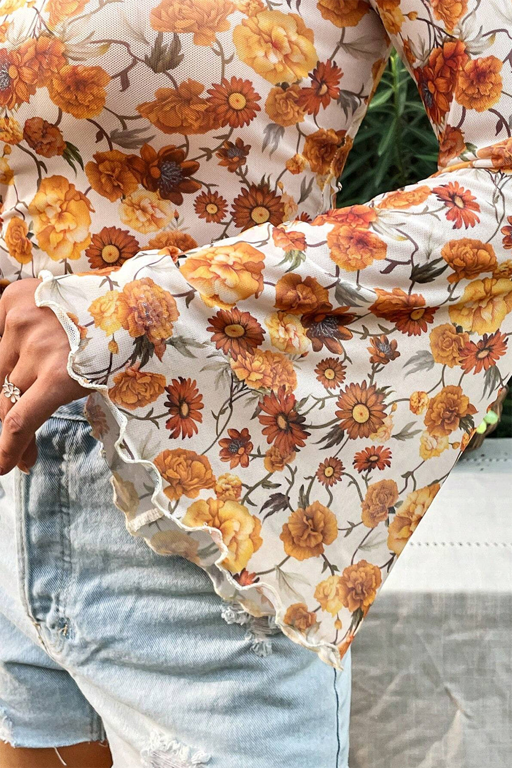 Floral  Sleeve Mock Neck  Trim