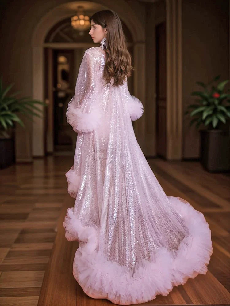 Ruffled Tulle Fringe Hem Sequin Mesh Long Robe with Sequin Nightgown Pink Ivory