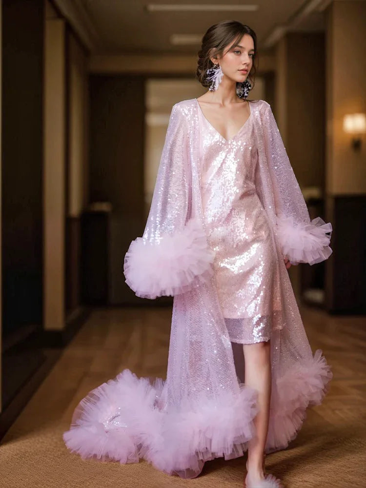 Ruffled Tulle Fringe Hem Sequin Mesh Long Robe with Sequin Nightgown Pink Ivory
