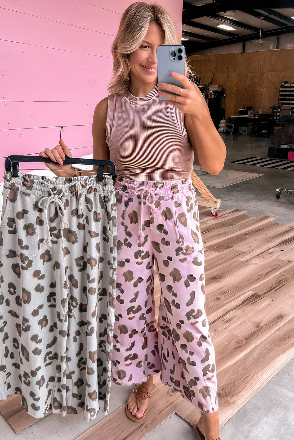 Pink Drawstring Leopard Print Patch Pocket Loose Pants