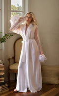 Sexy Tulle Lace Turkey Feather Sleeves Silky Satin Long Bridal Robe