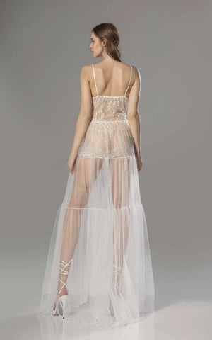 Luxury Sheer Lace Tulle Long Robe with Puff Sleeves | Bridal Boudoir Getting Ready Gown