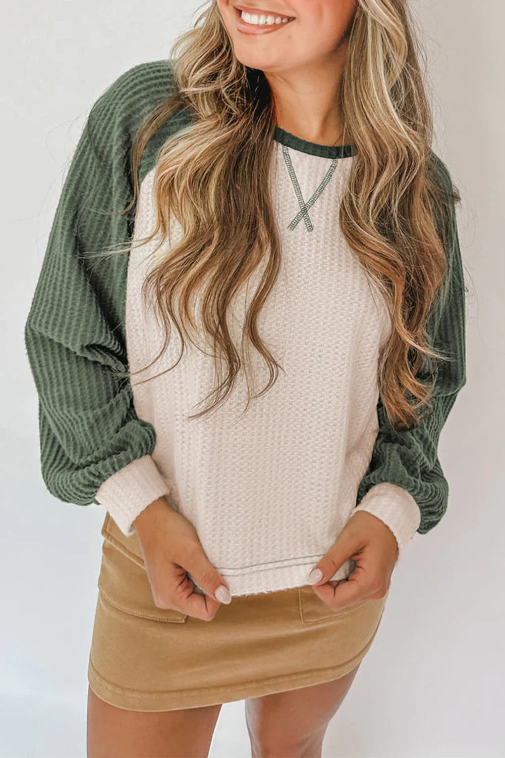 Camel Waffle Color Block Raglan Sleeve Top