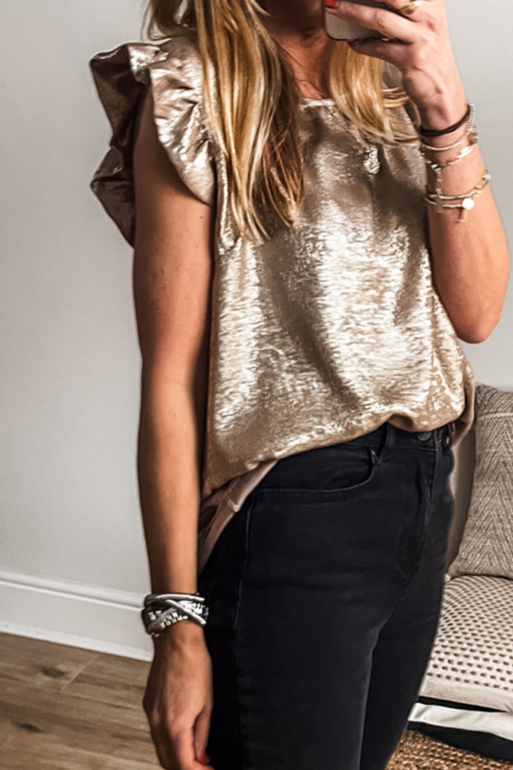 Metallic Round Neck Ruffle Trim