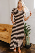 Zaidy Black Stripe Casual Round Neck T-shirt Maxi Dress with Pockets