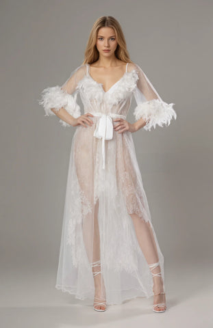Luxury White Turkey Feather Lace Sheer Robe Dress Set | Bridal Getting Ready Gown