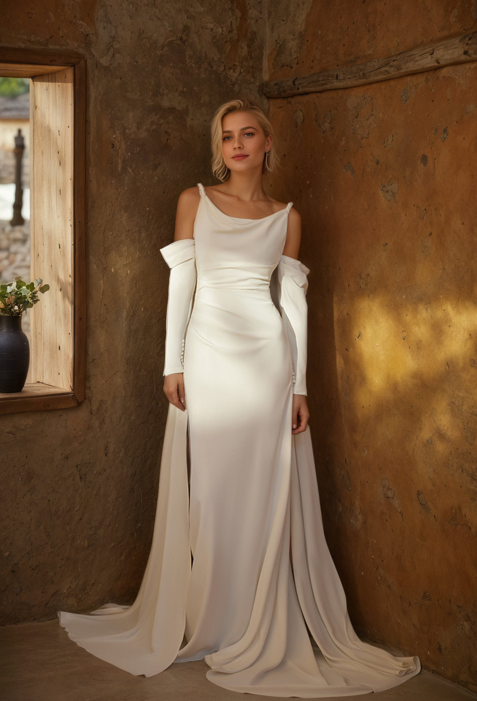 Minimalist Off-Shoulder Satin Wedding Gown with Detachable Sleeves