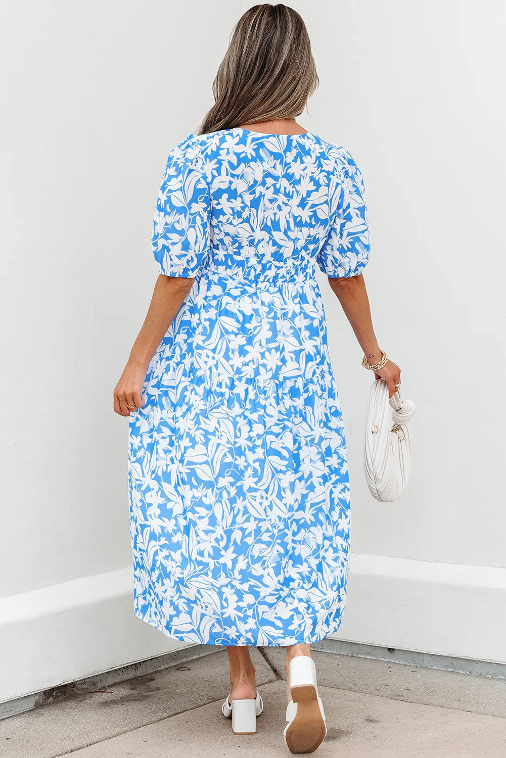 Midtown Girl Sky Blue Floral V Neck Puff Short Sleeve Flowy Long Dress