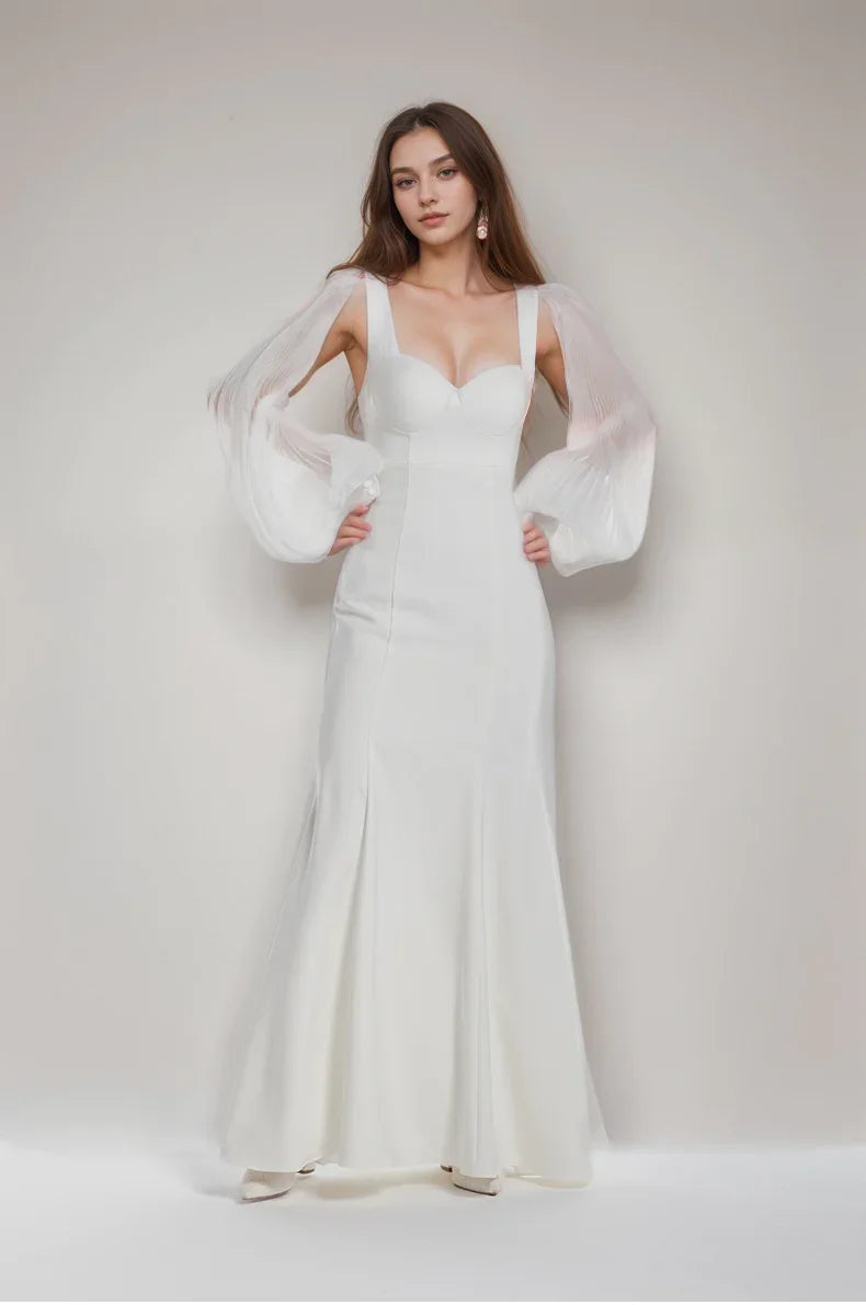 Ethereal Sculpted Bust Mermaid Gown with Sheer Balloon Sleeves Dress