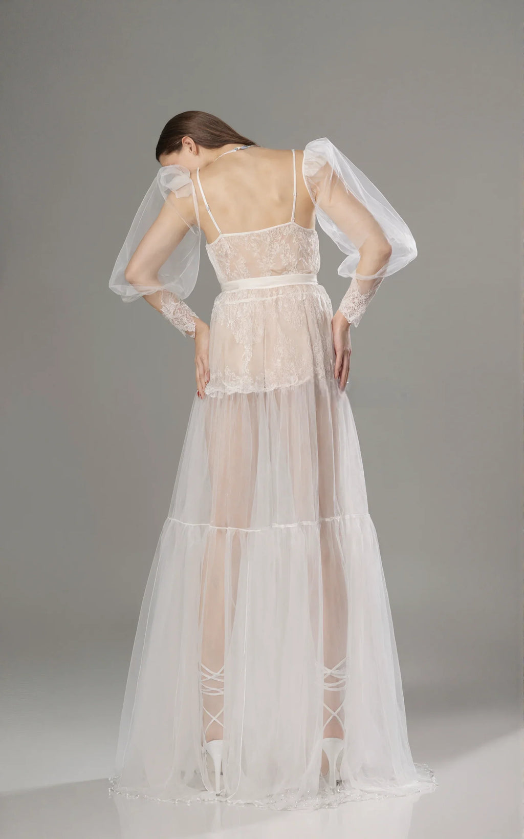 Luxury Sheer Lace Tulle Long Robe with Puff Sleeves | Bridal Boudoir Getting Ready Gown