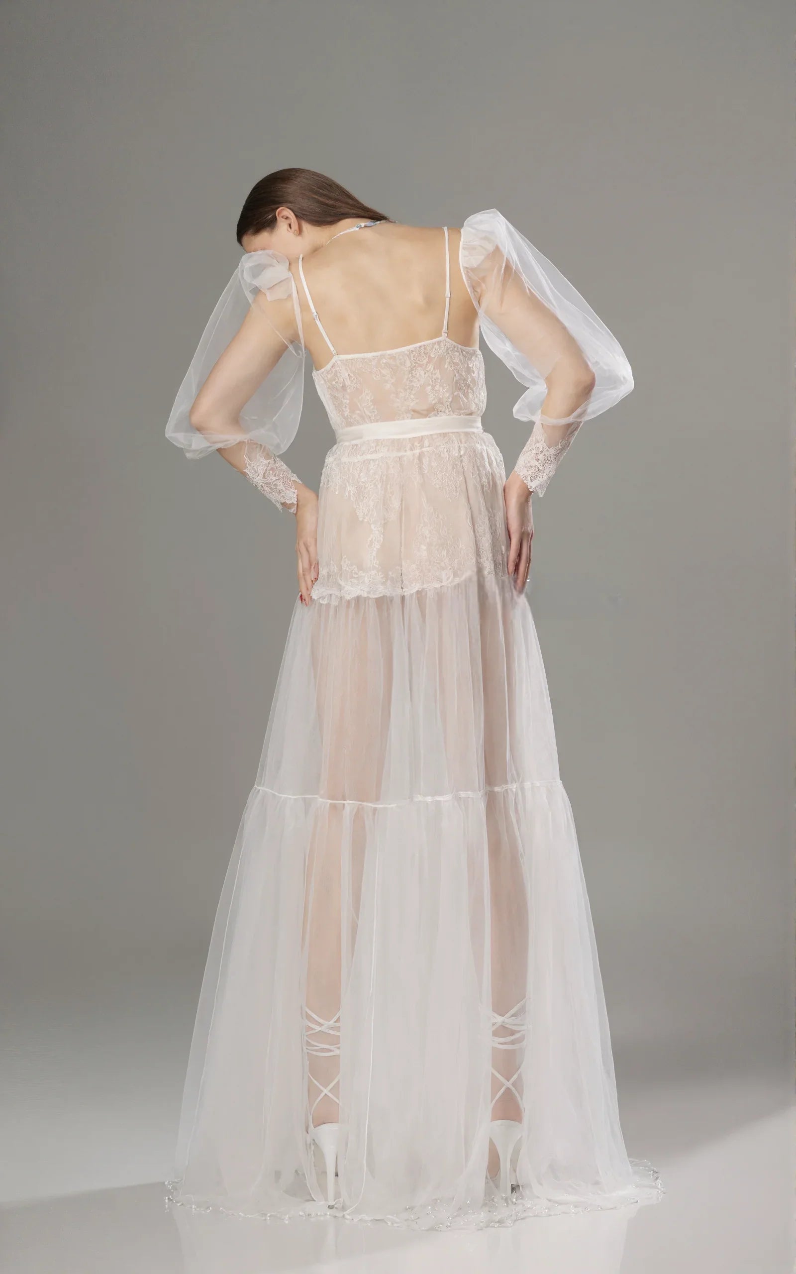 Luxury Sheer Lace Tulle Long Robe with Puff Sleeves | Bridal Boudoir Getting Ready Gown