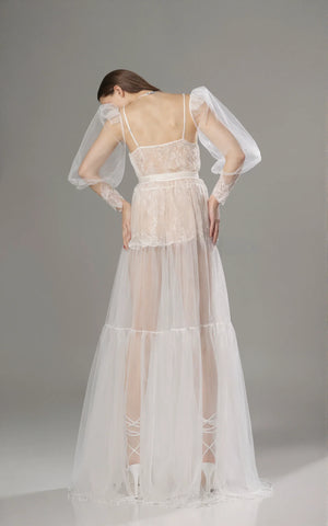 Luxury Sheer Lace Tulle Long Robe with Puff Sleeves | Bridal Boudoir Getting Ready Gown