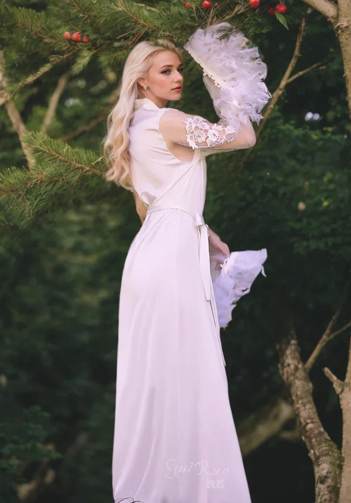 Sexy Tulle Lace Turkey Feather Sleeves Silky Satin Long Bridal Robe
