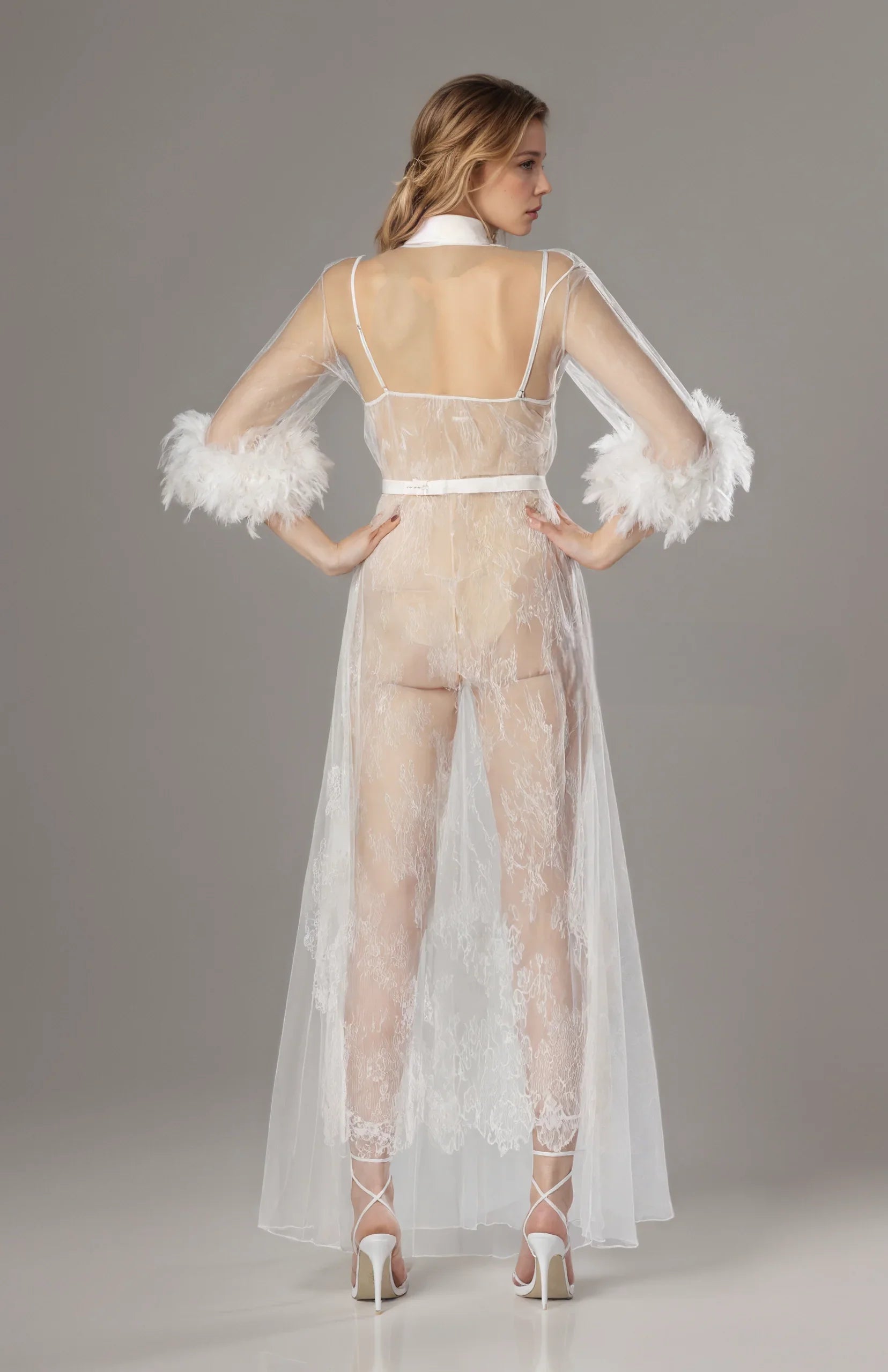 Luxury White Turkey Feather Lace Sheer Robe Dress Set | Bridal Getting Ready Gown