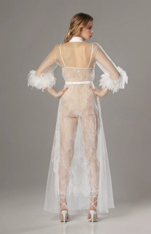 Luxury White Turkey Feather Lace Sheer Robe Dress Set | Bridal Getting Ready Gown