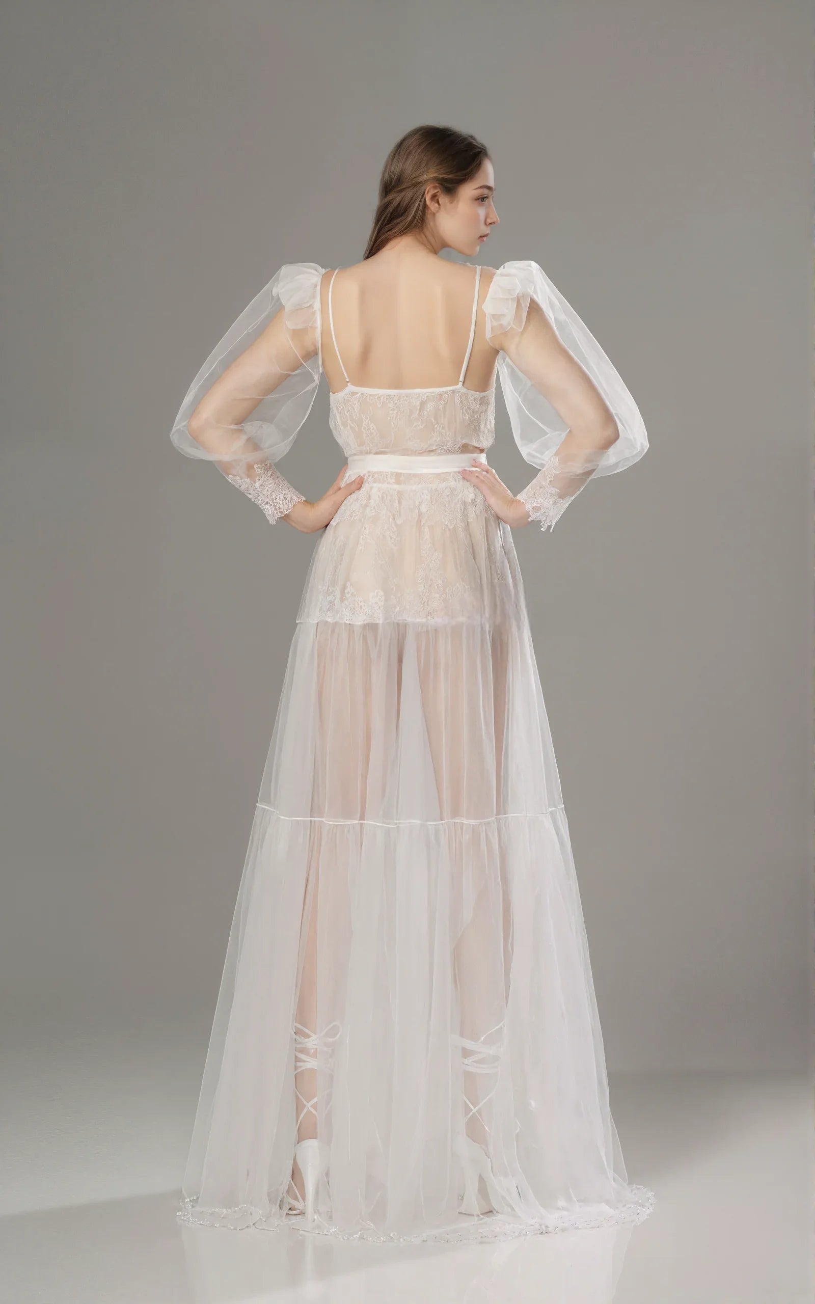 Luxury Sheer Lace Tulle Long Robe with Puff Sleeves | Bridal Boudoir Getting Ready Gown