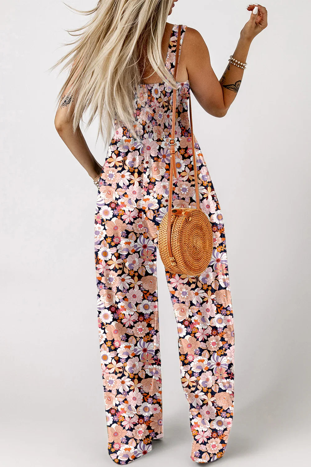 Carlie Black Floral Print Smocked High Waist Square Neck Jumpsuit