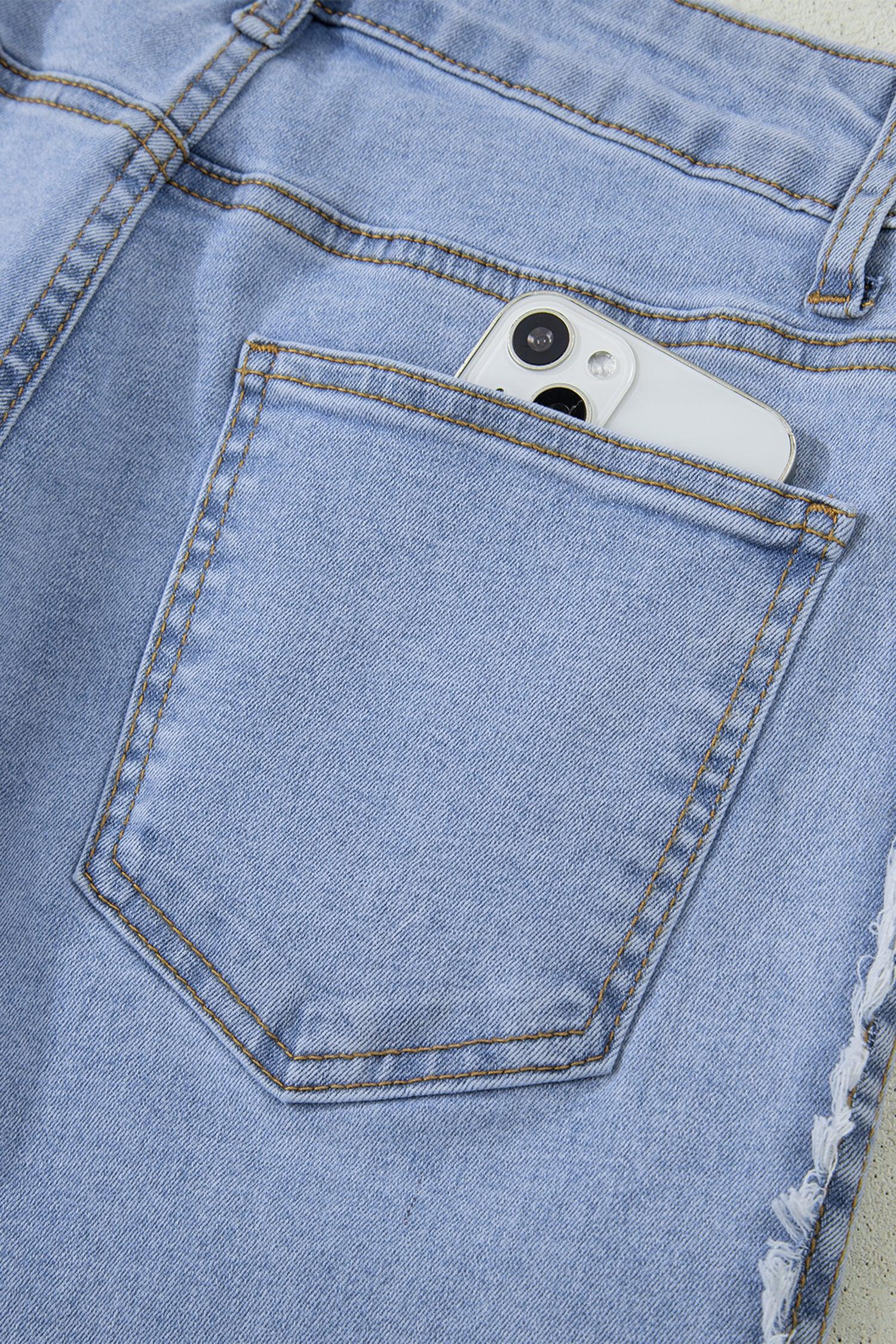 Charlie Beau Blue Contrast Stripe Frayed Side Panel Patchwork Shift Jeans